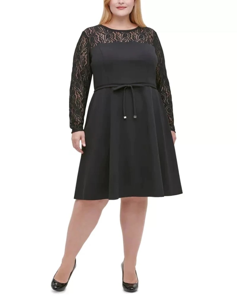 Tommy Hilfiger Women s Plus Size Lace Sleeve Fit Flare Dress Black S